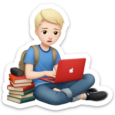 a student crashing out with the laptop on the lap and books on the side sticker