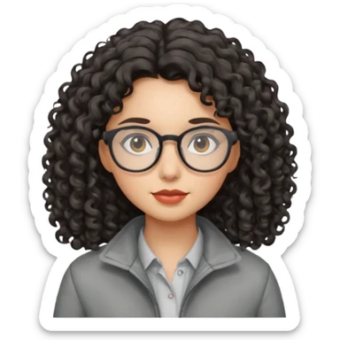 girl with dark curly hair, glasses and a gray jacket sticker