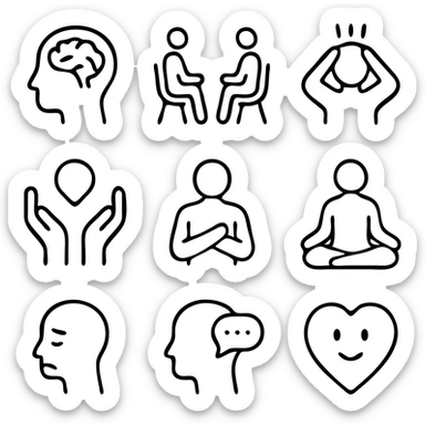 Mental Health icon set. Wellness and psychology related line icons: brain, therapy, stress, support, self-care, mindfulness, meditation, depression, counseling and emotion . Editable stroke.
 sticker