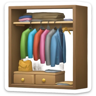 Design an emoji-style icon of an open wardrobe with clothes hanging inside. Include details like a wooden frame, hangers, and colorful clothing items such as shirts or any other clothing . Use a clean and minimalistic design. sticker