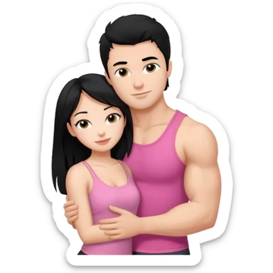 a pretty bratz fair girl. black hair, wearing a pink cami top hugging a handsome fair guy with black hair. lean but muscular who is wearing a black tee sticker