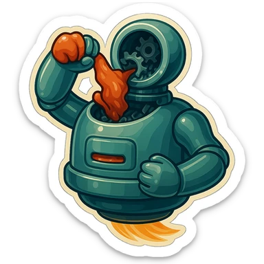 hovering robot. stuffs material into large hole on its top where a head would be. no head. spinning gears and blades in hole grind material.  3/4 view. between realism and cartoon. well lit. no dramatic lighting. metallic shiny robot. works diligently. drake humor sticker