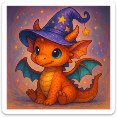 cute magical dragon wearing a wizard hat, fantasy theme, charming and adorable sticker