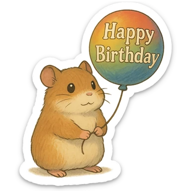hamster holding a colorful balloon with 'Happy Birthday' text, soft Ghibli style sticker