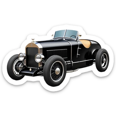 Darth Vader black Bare bones (channeled cowl) drag racing and speed record modified (fenders removed) chopped streamlined sporty roadster that is a (stripped down) hot street rodded engine sports car 1932 Rolls Royce Woody futuristic  wide racing wheels sticker