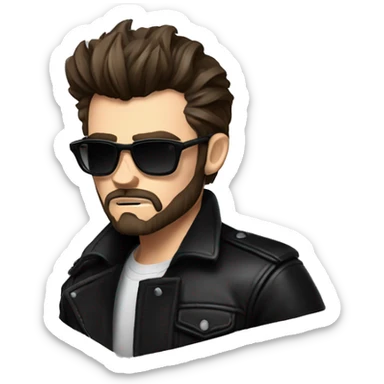 James dean but with dark brown hair und beard, cool outfit, black leather jacket and black shirt underneath, evil look, angry look sticker