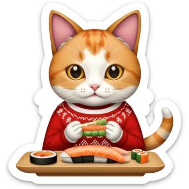 cat wearing a christmas sweater eating sushi sticker