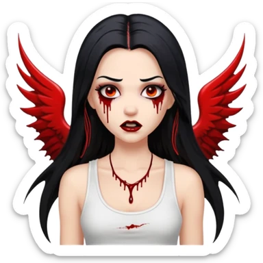 White woman with a white tank top long black hair glossy middle part long hair vamp look with fangs or blood dripping down lips brown eyes eyeliner winged with lashes top and bottom white border sticker