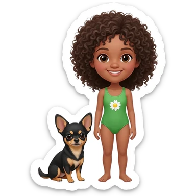 Une fille. Cheveux bouclée. Porte à maillot. Vert. Avec un chihuahua noir marron poil courut c'est une fille daisy et pour finir par apprend dans les brastous les 2. Avec sa maîtresse avec. Et moi mmatichienne sticker