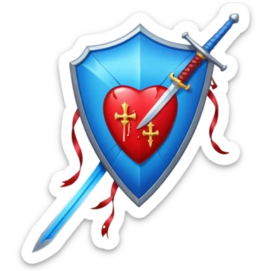 shiny vibrant blue kite shield with a vertical sword behind it, blood effect on the sword, apple emoji style sticker
