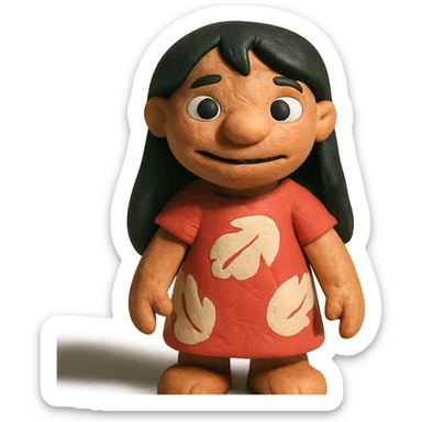 Lilo-inspired girl, claymation style, red dress, black hair, textured look sticker