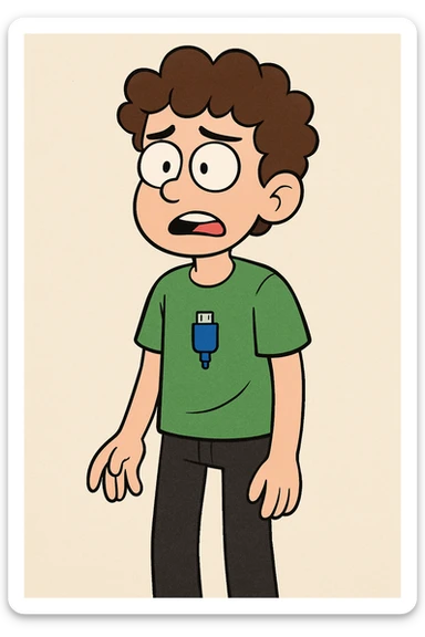 A boy brown curly hair green t-shirt Bright Blue Connector 2.0 (STSU207) black jeans sticker