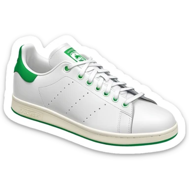 Adidas Stan Smith in white and green colorway, simple clean tennis shoe, white leather with green details, angled view, isolated sticker
