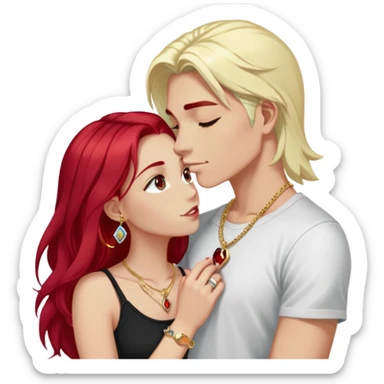 young 20 year old couple kissing, girl with long cherry red hair and dark blonde eyebrows wearing gold necklace with letter A, diamond gold ring, red bracelet and light clothes, boy with bright white hair wearing dark t-shirt and silver ring with black stone sticker