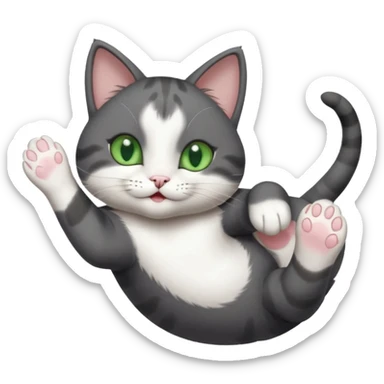beautiful female solid dark grey cat with green eyes, white toes/paws and white patch on her chest playfully rolling upside down sticker