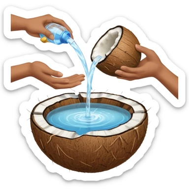 two hands with water in it, pouring the water down onto a full coconut sticker