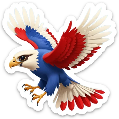 a stylized falcon tumbling through the air, feathers flying, cartoonish exaggeration, falcon colored red, white, and blueish sticker