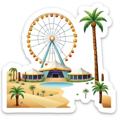 Coachella music festival with palm trees, ferris wheel, and concert stage in the desert sticker