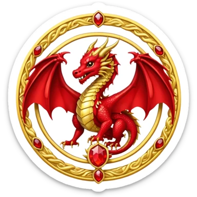 Golden dragon with wings crest / brosch in a circle with red gems and no background sticker