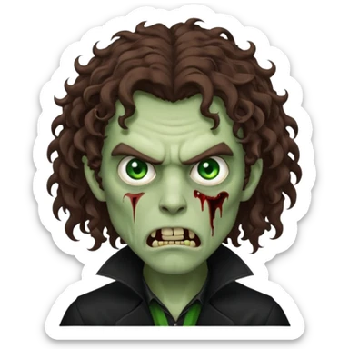 long curly haired male zombie with brown hair color and green eye color, with dark vampire clothes and angry face emotion sticker