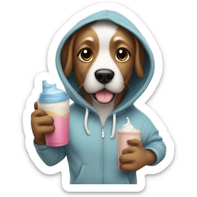 Dog wearing a hoodie with a protein shake sticker