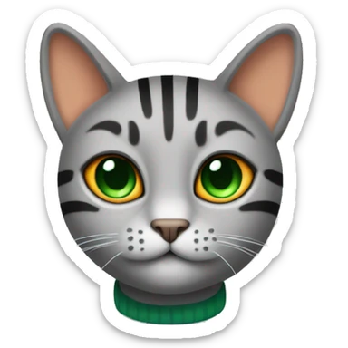 A striped grey cat with green eyes with orange sweater in full growth sticker