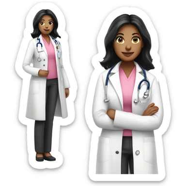 Long black hair female doctor in pink undershirt white coat over pink stethoscope  sticker