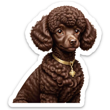 Cinematic Noble Chocolate Poodle Portrait Emoji, Poised and regal, with a refined, elegant build and a meticulously groomed, curly chocolate Fur, deep-set soulful brown eyes, Simplified yet sharp and sophisticated features, highly detailed, glowing with a soft, dignified glow, high shine, intelligent and graceful, stylized with an air of sophistication, focused and attentive, soft glowing outline, capturing the essence of a watchful and confident companion, so majestic it feels as though it could prance out of the screen with effortless authority! sticker