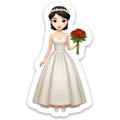 Chica blanca,cuerpo entero, vestido boda tirantes finos, pelo negro recogido con mechones y zapatos tacon y flor en la cabeza sticker