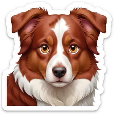 Cinematic Noble Red Merle Australian Shepherd Portrait Emoji, Poised and regal, with a strong, agile build and a stunning red merle coat accented by subtle splashes of darker red and white, piercing amber eyes, Simplified yet sharp and sophisticated features, highly detailed, glowing with a soft, dignified glow, high shine, intelligent and loyal, stylized with an air of strength, focused and attentive, soft glowing outline, capturing the essence of a watchful and confident herder, so majestic it feels as though it could step out of the screen with effortless authority! sticker