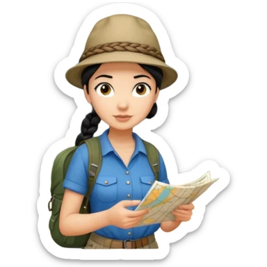 A braid black hair backpacking woman checking her map with curious eyes while walking in the woods with camping hat full body sticker
