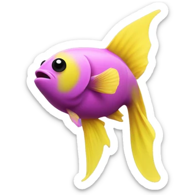 tiny fish with purpleish pink front face and half front of body, neon yellow back half and black dot on top fin sticker