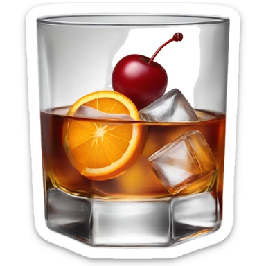 Short whiskey old fashioned with a single large ice cube, a cherry, and an orange slice sticker
