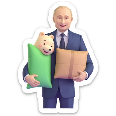 Vladimir Putin in a suit smiling and holding a memory foam pillow with an Amazon package next to him sticker
