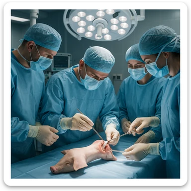 modern operating room with a team of doctors in gowns and gloves carefully extracting a ligament from a pig's knee on a surgical table, sterile atmosphere, realistic details, 4K quality sticker