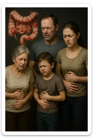 UNA SFILZA DI PARENTI TUTTE MALATE DI CANCRO AL COLON, SI TRAMANDO IL CANCRO NELLE GENERAZIONI, INTESTINO ANATOMICO VISIBILE ED ESPRESSIONE DI DOLORE IN VOLTO, MAL DI PANCIA, FALLA IPERREALISTICA 4K, NON DISEGNATA sticker