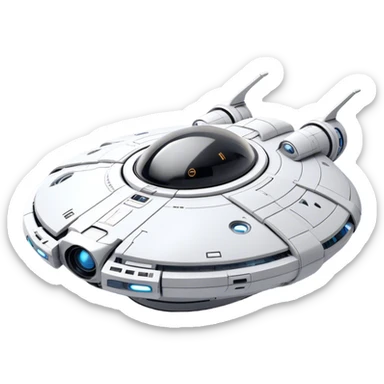 Design a simple, semi-realistic spaceship with a clean and minimalistic design. The ship should have a smooth, rounded shape with a few subtle mechanical details, like small thrusters or panels, but avoid overly complex or advanced features. Add a 'face' to the front of the ship using basic shapes, such as two circular lights for 'eyes' and a curved line or pattern for a 'smile,' giving it a friendly and approachable personality. The design should feel functional yet charming, as if the ship has its own character or consciousness. Use a plain, transparent background with no additional elements, focusing entirely on the ship. The lighting should be soft and even, highlighting the ship's 'face' and overall design. sticker