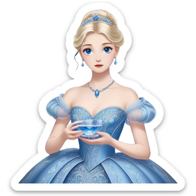 Cinematic Realistic Cinderella Portrait, depicted with lifelike skin texture, subtle rosy undertones, and soft natural lighting that enhances the gentle contours of her face. Her intricately detailed golden blonde hair is elegantly styled in an updo, with delicate wisps framing her face. Her deep, expressive blue eyes radiate warmth and sincerity, reflecting a quiet resilience and grace. She holds a glass slipper gently in one hand, her other hand resting gracefully at her side, emphasizing the timeless beauty of the moment. She is dressed in her iconic ball gown, the fabric shimmering with intricate embroidery and fine translucent layers that catch the light beautifully. The soft sheen of satin gloves adds a magical touch to her graceful pose. The portrait features an enchanting glow with a natural, luminous finish, seamlessly blending realism and fairytale charm to evoke a sense of depth, elegance, and timeless beauty. sticker