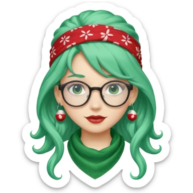 girl with long curly peppermint green hair and single-color bandana and glassess and earring sticker