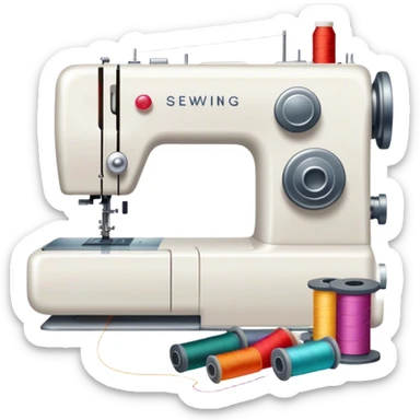 Sewing icon, sewing machine with thread, visible needle, spools of thread, fabric pieces, and scissors, a piece of clothing or textile in progress, minimalistic style, clean lines, transparent background. sticker