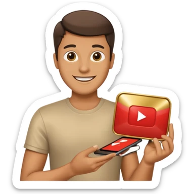 a happy man holding youtube golden play button sticker