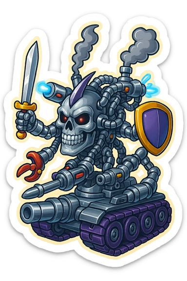 Edit the skull robot tank to have 4 distinct arms, each hand holding a different weapon such as a sword, blaster, claw, and shield. All metal parts should be shiny greyscale, with some non-metal elements having vibrant color accents. Maintain the retro stickers style with a clean outline and transparent background. sticker