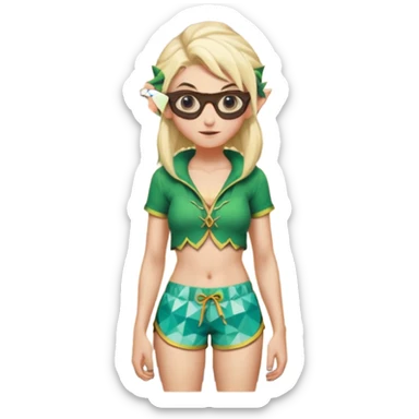 elf female legolas portrait, patterned board shorts (geometric/abstract), unique wooden-framed sunglasses, undercut hairstyle, slight smirk, visible pointy ears, no background, centered emoji, hipster summer vibe coctails sticker