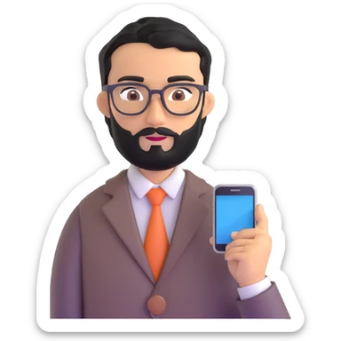 professional man with medium black beard, neat black hair, connected unibrow, olive tan skin, brown eyes, glasses, prominent nose, wearing business casual attire, holding a smartphone in hand sticker