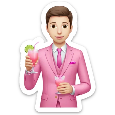 Sam Altman, dressed in an all-pink suit, with one hand holding a pink tequila drink.  sticker