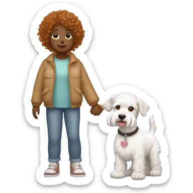 ginger curly haired girl with really small white schnauzer mix dog holding hands  sticker