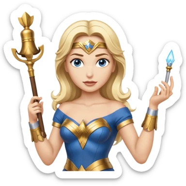 Blonde blue eyed Wonder Woman holding white orchestra conductor’s baton and bell sticker