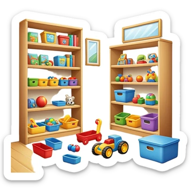 tidy room with toys neatly arranged on shelves, clear and inviting sticker
