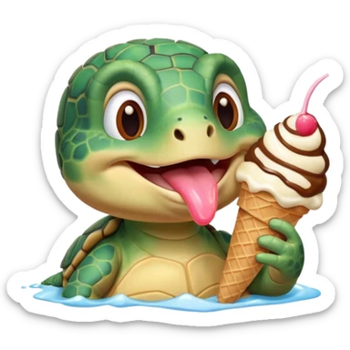 cute turtle portrait, head and shoulders only, licking an ice cream cone, funny happy expression, 3D cartoon, mobile game icon style, clean background, no text, no watermark
 sticker