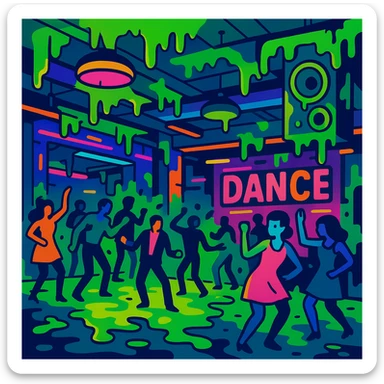a vibrant toon style dance hall covered in slime, neon lights, and dancing figures sticker